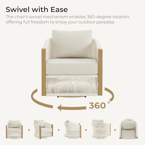 CHITA 3 Pieces Boho Patio Rattan Bistro Set, Outdoor Wicker Furniture Swivel Chairs and Side Table Set, Fully Assembled(Cream)