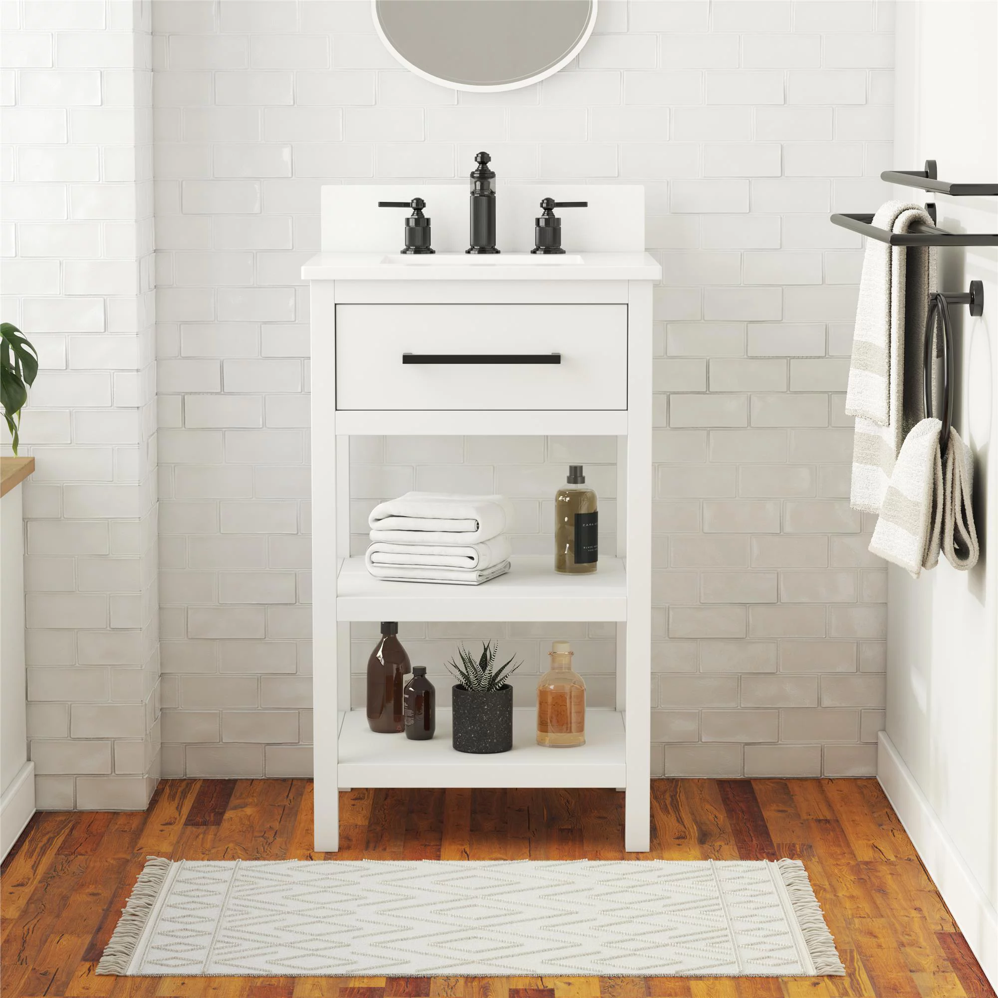 RealRooms Pisa 20 Inch Bathroom Vanity with Carrera Countertop & 2 Storage Shelves, White