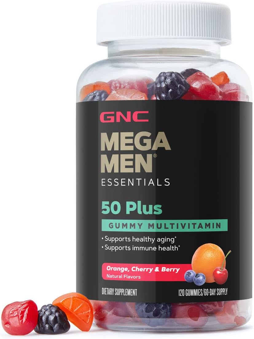 GNC Mega Men Essentials 50 Plus Gummy Multivitamin | Supports Healthy Aging and Immune Health | Orange, Cherry, and Berry | 120 Count
