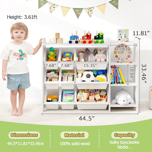 MallBest 4-Tier Kids' Toy Storage Organizer Shelf - 100% Solid Wood,Children's Storage Cabinet with 9 Plastic Bins and and 3 Storage Ports (Varnish-Single Color)