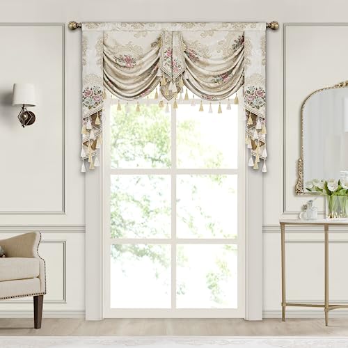 Loom and Mill Luxury Jacquard Waterfall Valance for Living Room Bedroom, Floral Damask Swag Window Valances with Tassels, Pearly Beige Swag Curtains for Banquet Holiday Decoration(W79Inch,1 Panel)