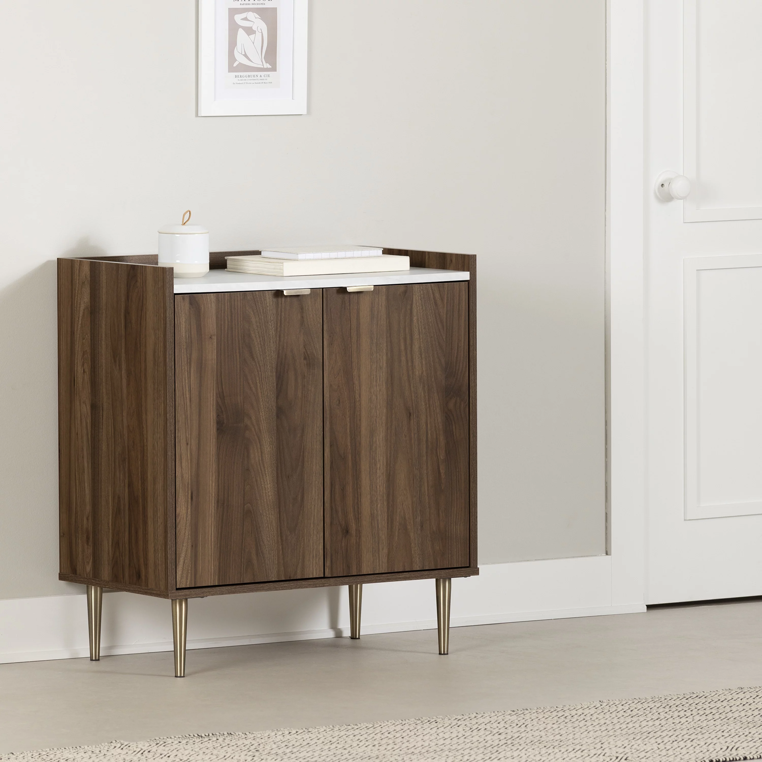 South Shore Maliza, Mid-century Glam Storage Cabinet, Natural Walnut and Faux Carrara Marble
