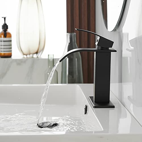 BWE Vessel Sink Faucet Modern Waterfall Chrome Single Hole Bathroom Faucet Single Handle with Pop up Drain Without Overflow Assembly Vanity Basin Bath Sink Faucets Mixer Tap