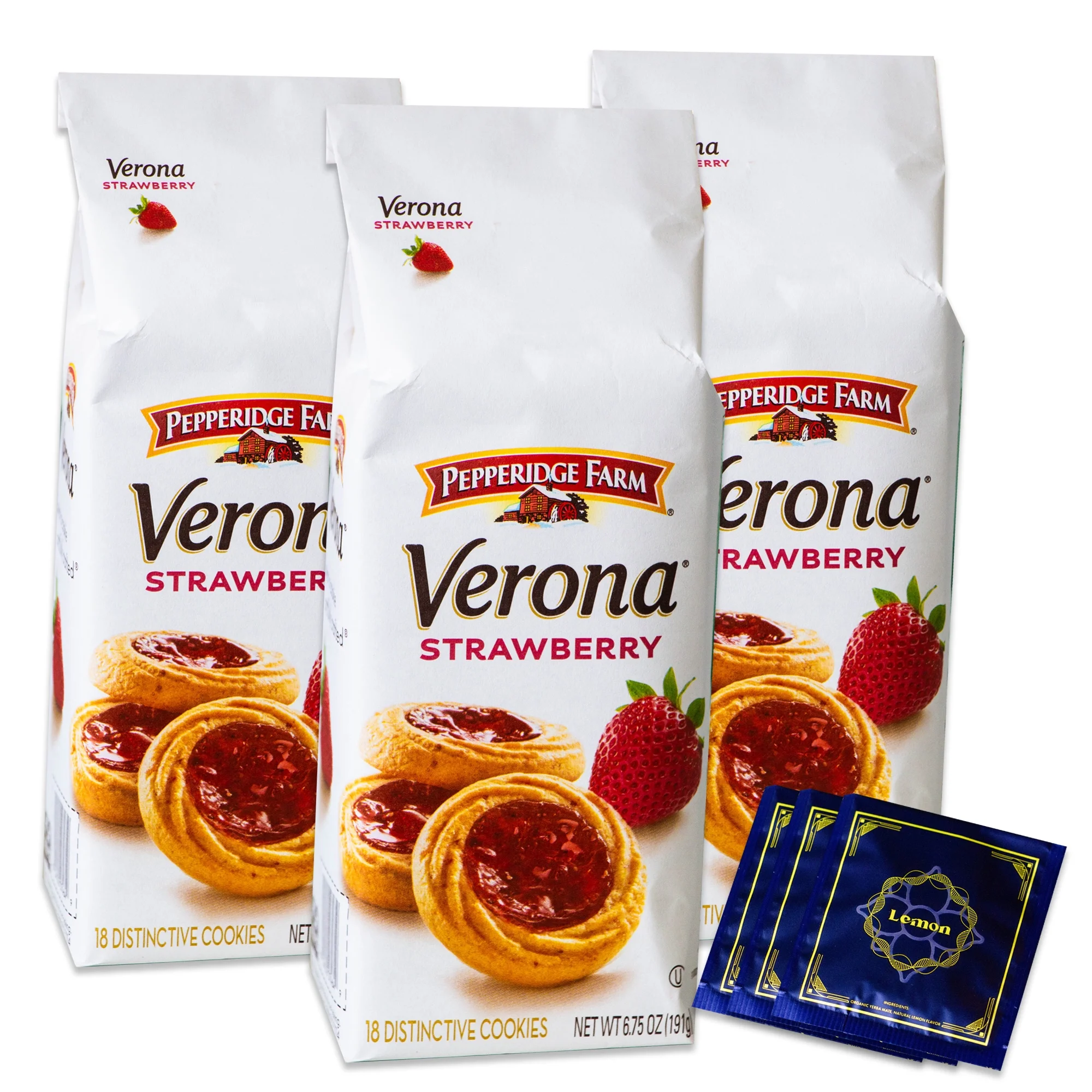 Pepperidge Farm Verona Strawberry Cookies (3, 18ct packs - 54 cookies) - Organic Gourmet Lemon Yerba Mate Teabags (3 teabags) - Sophisticated Gourmet Snack Bundle