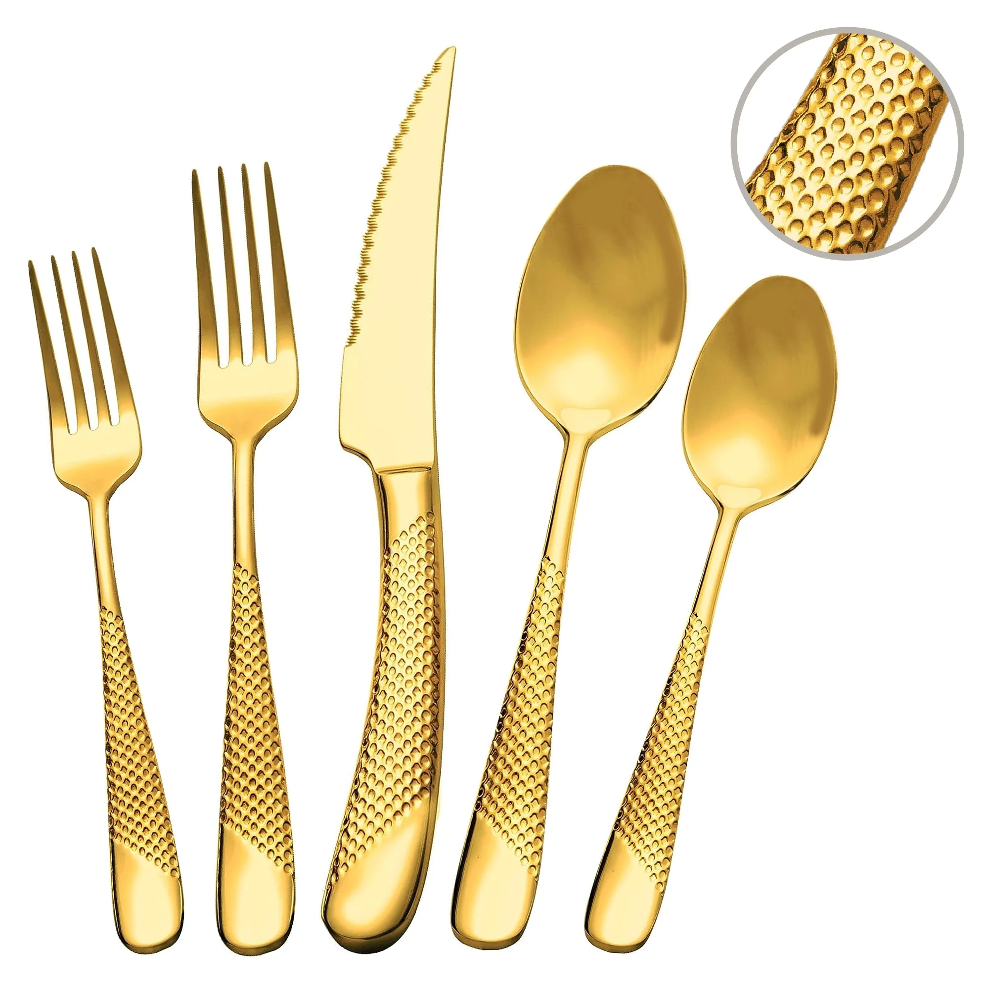 Runfly 20 Piece Hammered Gold Silverware Set, 18/10 Stainless Steel Flatware Set,Set Service for 4