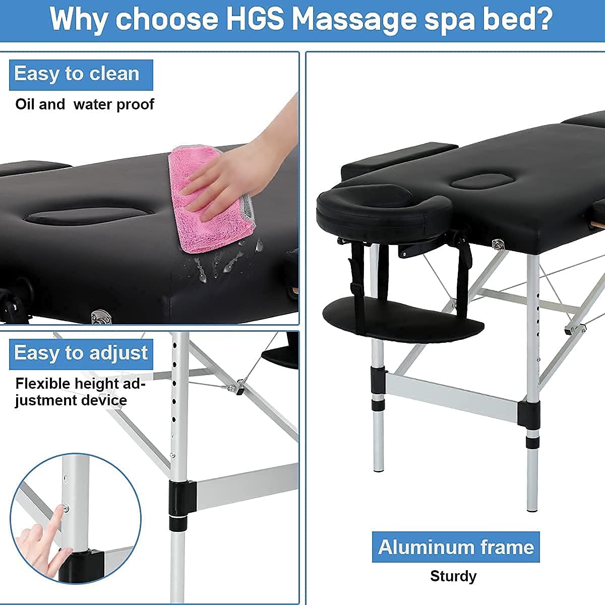 Aluminium Massage Table Spa Bed 2 Fold 73 Inch Portable Massage Bed with Armrest Height Adjustable Professional Spa Massage Table Face Cradle Salon Bed Tattoo Bed, Black