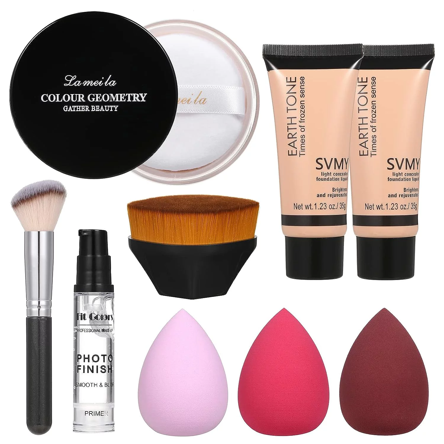 Foundation Liquid Full Coverage Matte Oil Control Concealer with Face Primer  and  Makeup Brush  and  Makeup Sponges