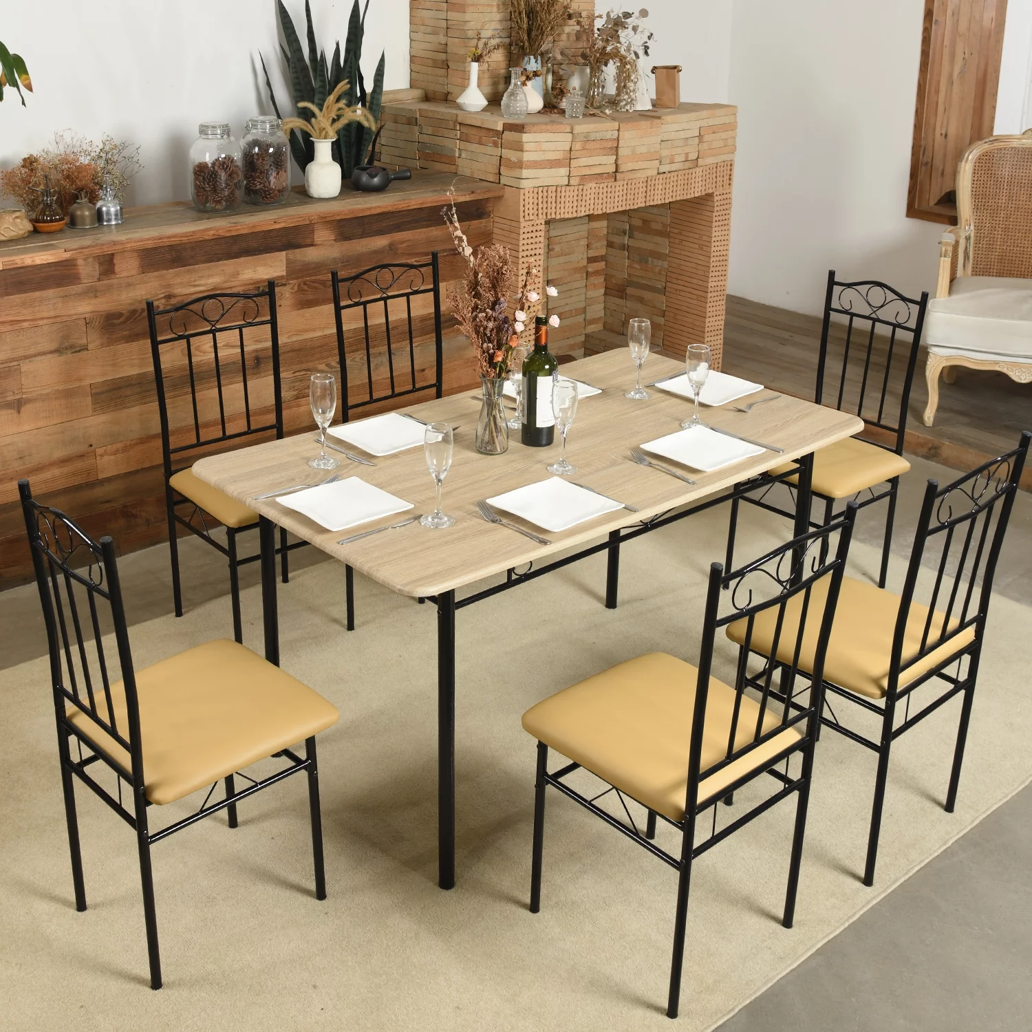 Highsound Dinning Table Set, Wood and Metal Frame Dinning kitchen Table Set with 6 Chairs