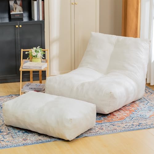 Bean Bag Chair with Ottoman, Comfy Bean Bag Sofa with Memory Foam, Lazy BeanBag Sofa with Footstool, Fireside Bean Bag Couch for Living Room, Bedroom, Apartment