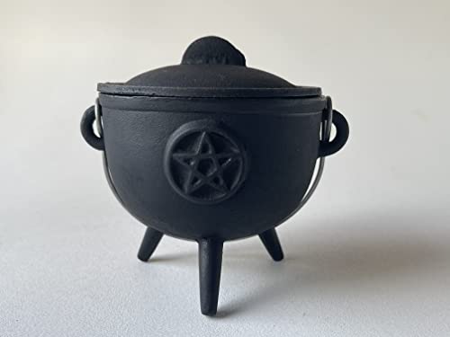 Pentagram Pentacle cast Iron Cauldron with lid and Handle, Witches Cauldron, Great for use with Charcoal Incense, Smudge Sage (Large 5.5 Inches)
