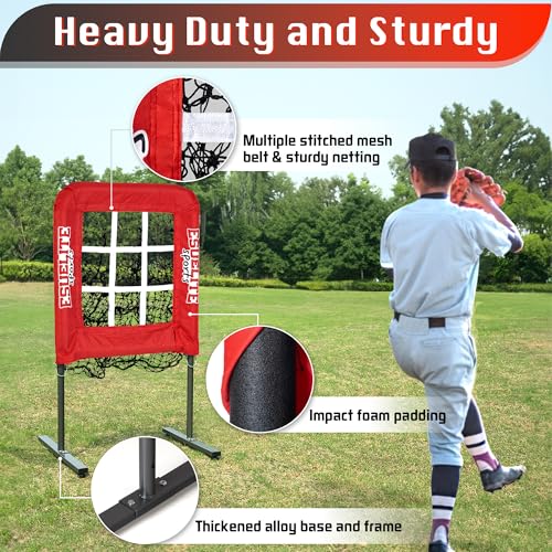 9 Hole Pitching Net with Strike Zone, Baseball Pitching Target, Softball Pitching Net, Portable Pitcher Training Equipment Height Adjustable