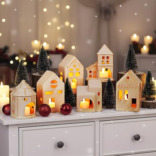 Ceramic Christmas Village Houses Porcelain Christmas Village Sets Matt Ceramic LED Lighted Xmas Town Houses Accessories Holiday Farmhouse Vintage Rustic Decor for Tabletop Mantle
