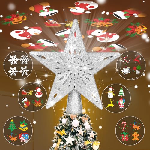 Christmas Tree Toppers Lighted with 6 Projection Modes, Christmas Snowflake Tree Topper with Built-in LED Rotating Lights, Silver 3D Glitter Projection for Xmas Party Holiday Decorations