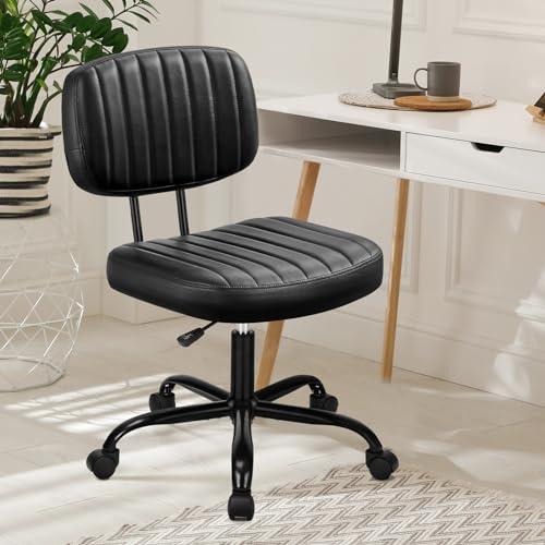 DUMOS Armless Small Home Office Desk Chair - Vanity Task Chair with Low Back, Height Adjustable PU Leather Swivel Computer Chair with 360° Rolling Wheels, Deep Brown
