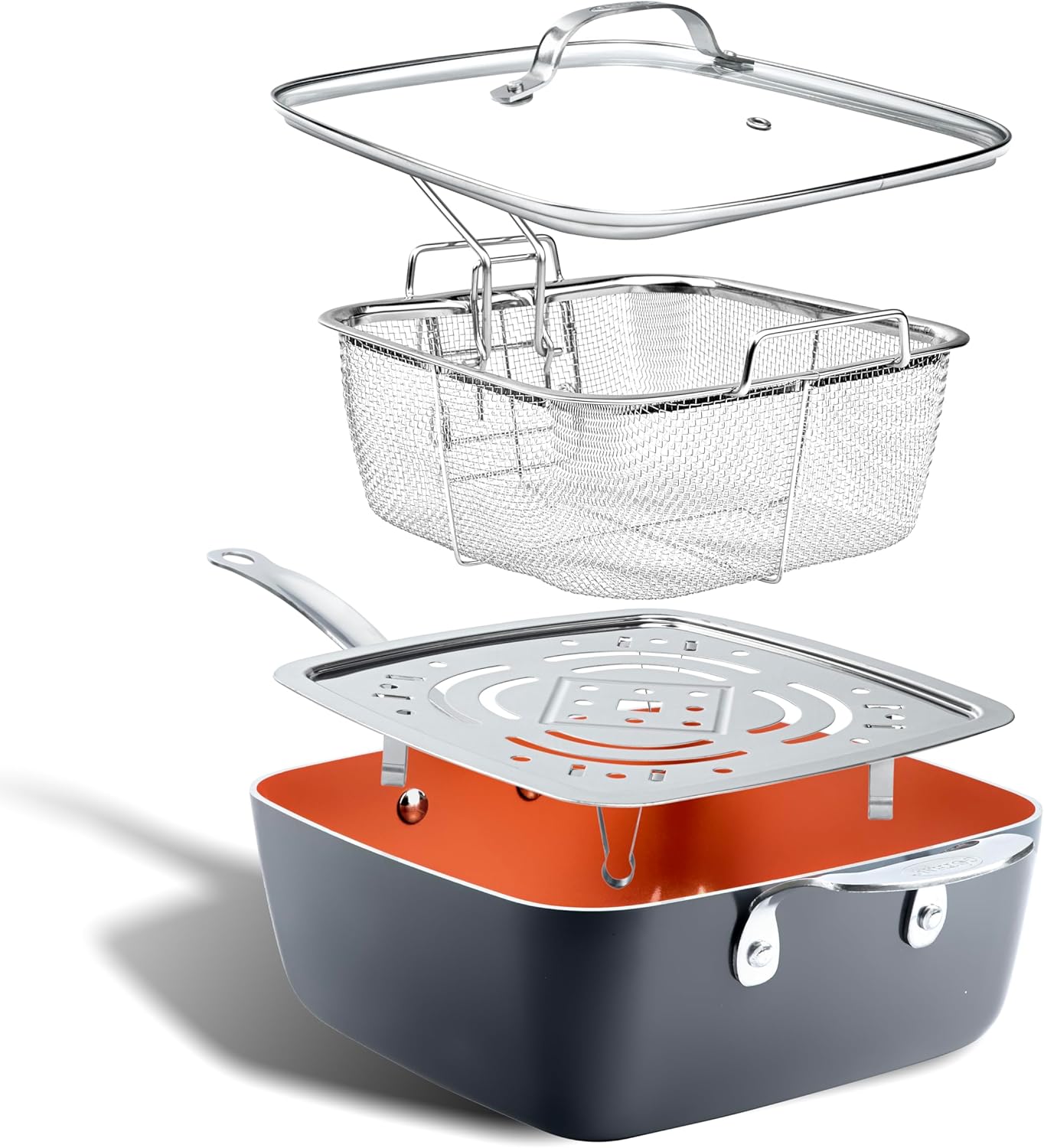 Gotham Steel Nonstick Square Deep Frying Pan, 9.5” Large Cooking Pan with Ceramic Nonstick Coating, 4 Pc Titanium Ceramic with Lid, Basket & Steamer Tray, Dishwasher Safe