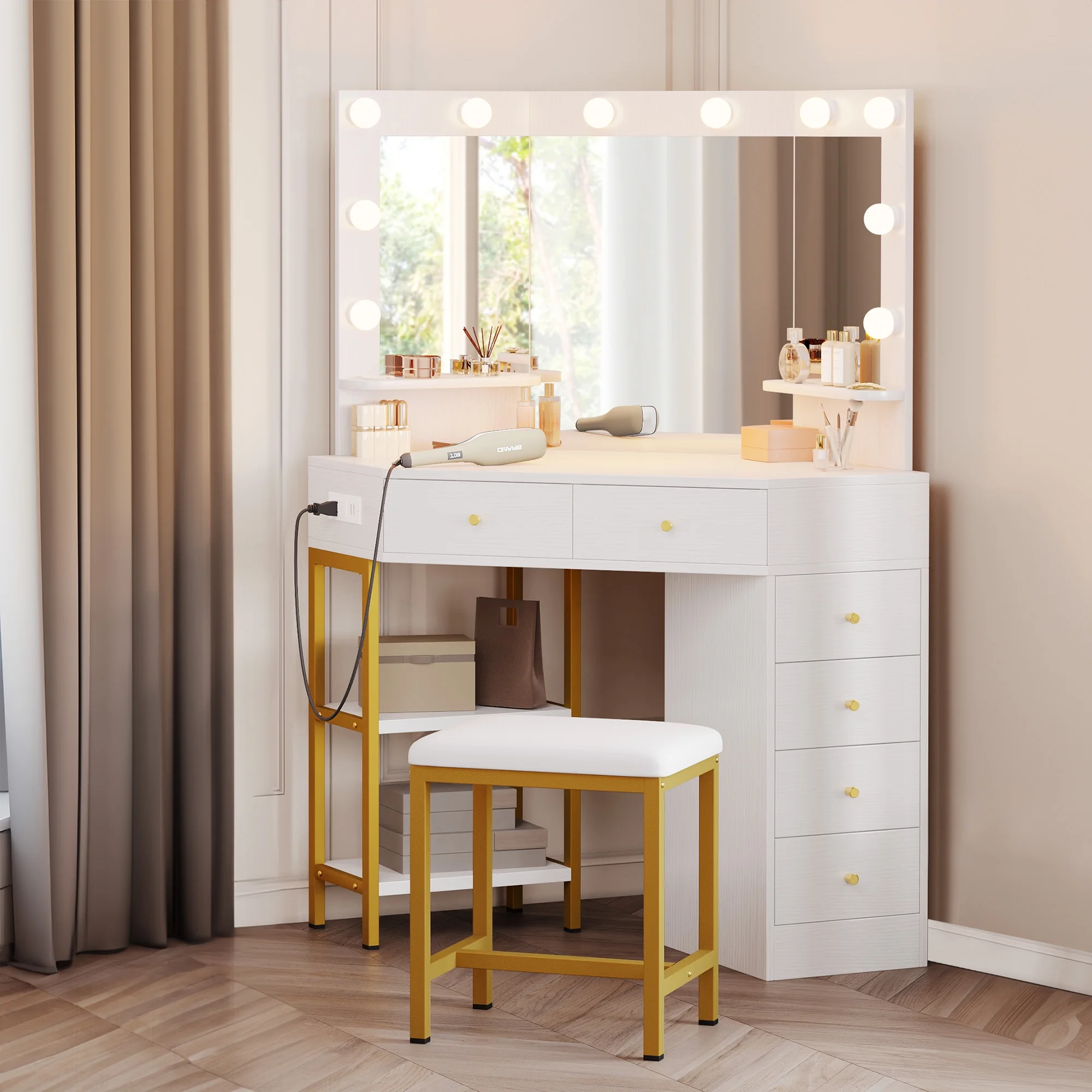 DWVO Corner Vanity Desk With Lights & Mirror, Makeup Vanity with Shelf & 6 Drawers, Vanity Dressing Table for Makeup,Modern Desk Vanity for Bedroom, White