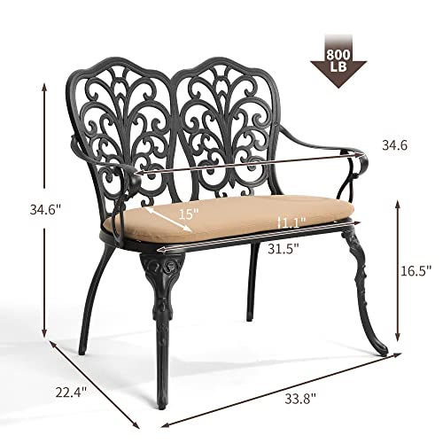 HOMEFUN Outdoor Bench, Patio Garden Benches Metal Loveseat Cast-Aluminum Outside Furniture for Park Lawn Front Porch Black