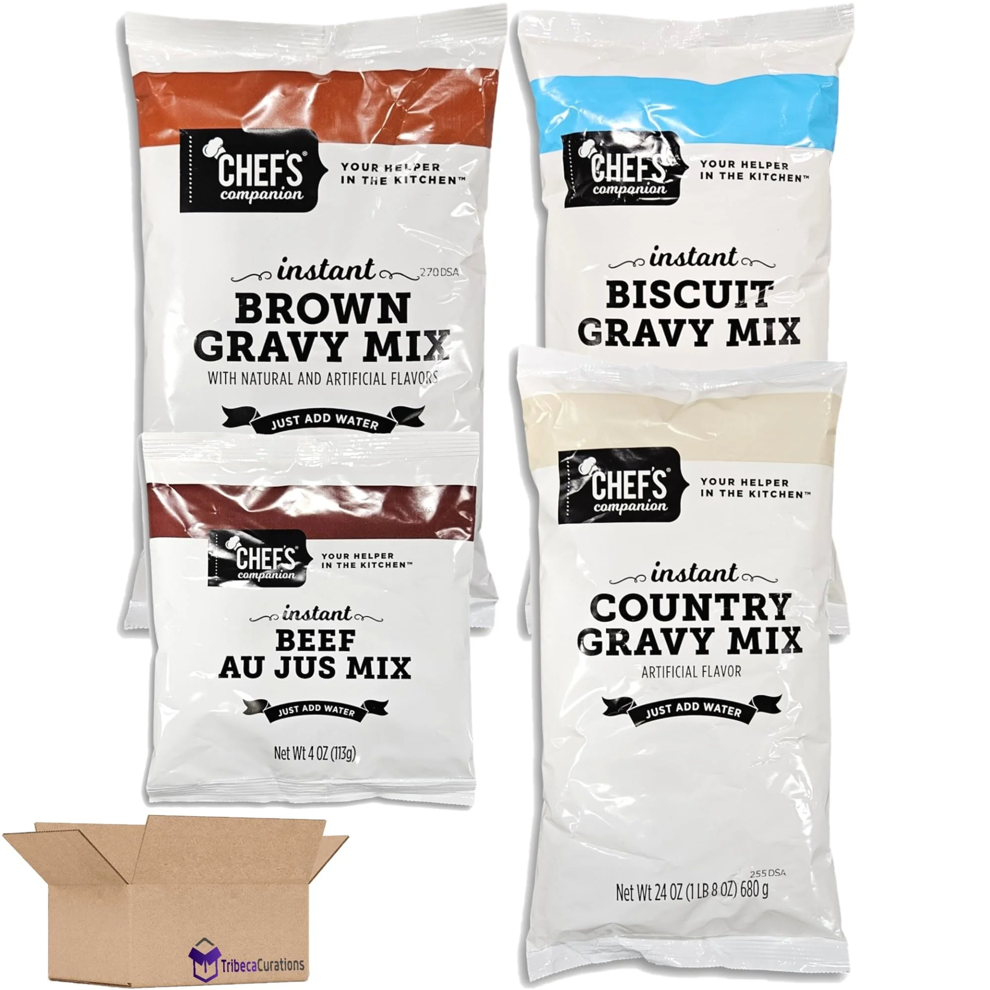 Instant Gravy Mix Variety Pack | Bundled by Tribeca Curations | Beef Au Jus, Biscuit, Brown, & Country | Ounce | Pack of 4