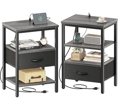 SUPERJARE Nightstand with Charging Station, Bed Side Table with Adjustable Fabric Drawer, Night Stand for Bedroom, 3-Tier Storage End Table, for Living Room - Walnut