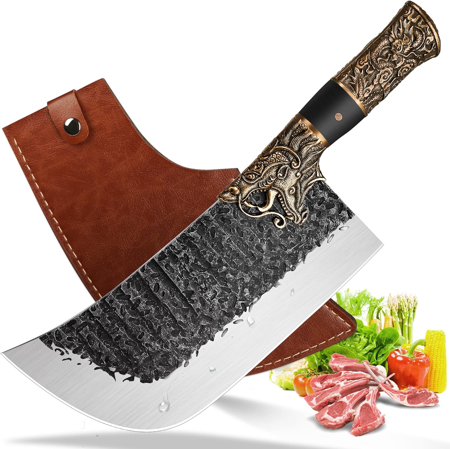 Meat Cleaver Butcher Knife Bone Cleaver Knife Heavy Duty Bone Chopper Butcher Bone Knife High Carbon Steel Bone Knife with a Sheath for Kitchen Outdoor