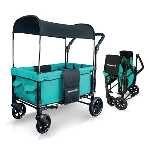 WONDERFOLD W1 Original Double Stroller Wagon (2 Seater) - Collapsible Wagon Stroller with Seats with 5-Point Harnesses, Adjustable Push Handle, and Sun Canopy, Teal Green