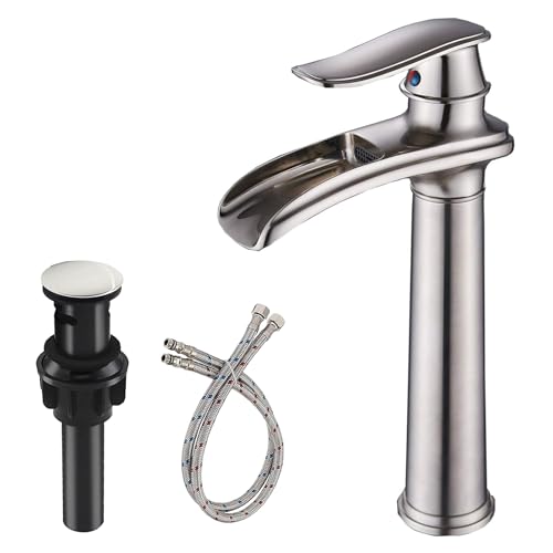 Bathroom Vessel Sink Faucet, Waterfall Oil Rubbed Bronze Bathroom Faucet, Vessel Faucet, Tall Body 1 Hole Single Handle with Pop Up Drain Combo Vanity Mixer Tap Basin Bowl Sink