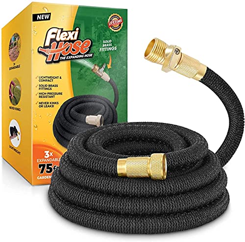 Flexi Hose Upgraded Expandable Garden Hose 50 ft Extra Strength 3/4 Solid Brass Fittings - The Ultimate No-Kink Flex 50 ft Water Hose (Black, 50FT)