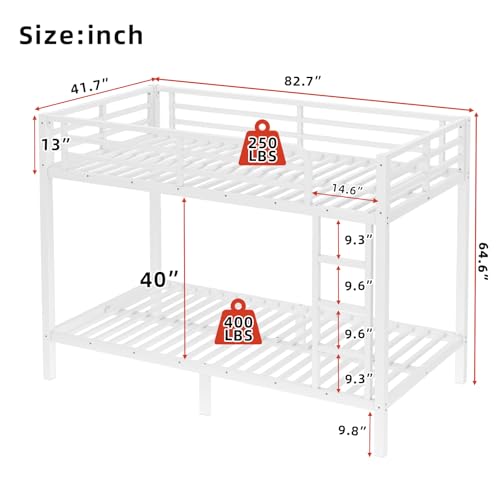 Twin XL Over Twin XL Bunk Bed Frame, Heavy Duty Metal Loft Bed for Adults/Teens, 400/600LB Capacity w/Ladder & Guardrail, Noise-Free Steel Slats, No Box Spring Required, Black
