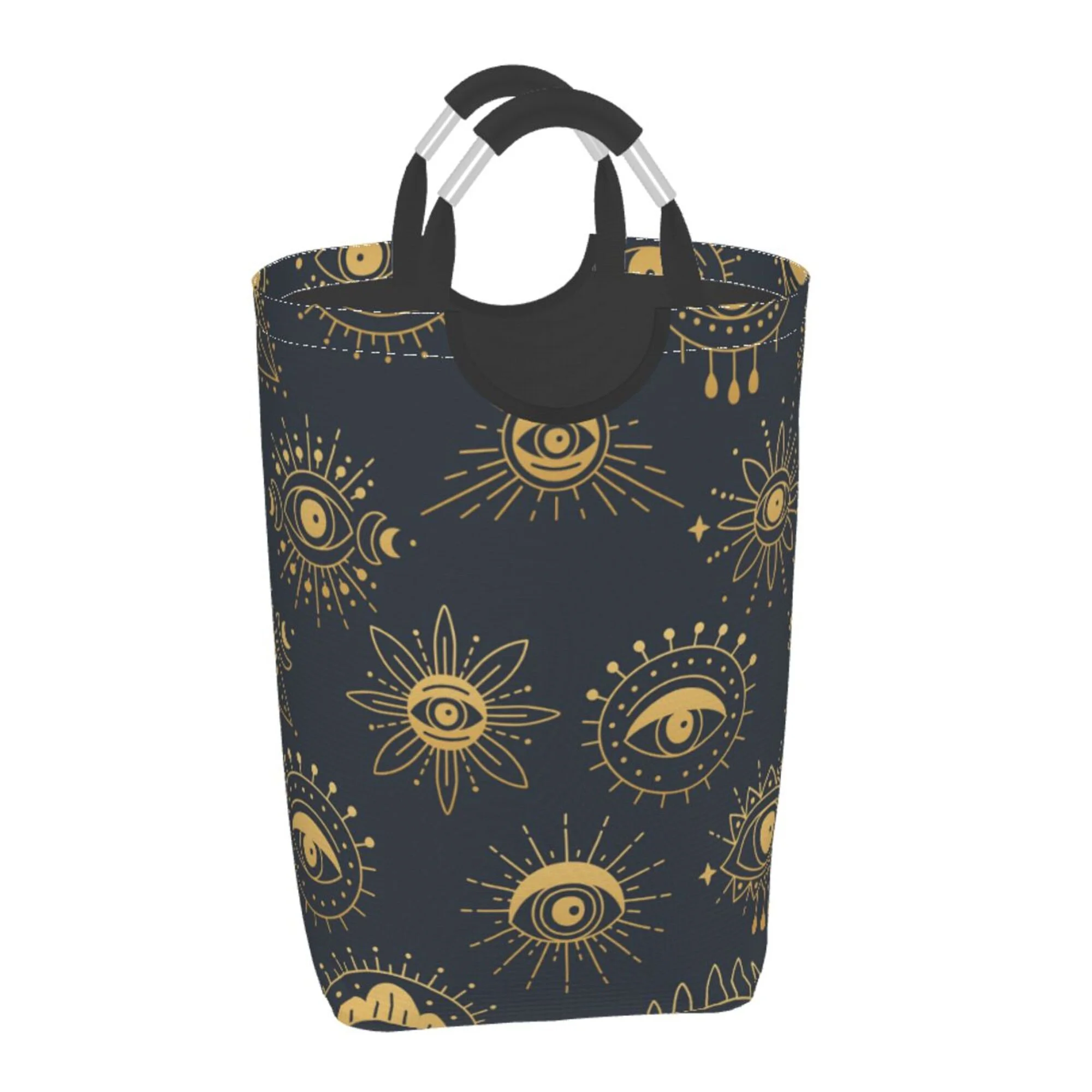 TEQUAN 50L Large Rectangular Laundry Hamper with Aluminum Handles, Golden Witchcraft Eye Doodle Prints Waterproof Foldable Dirty Clothes Basket