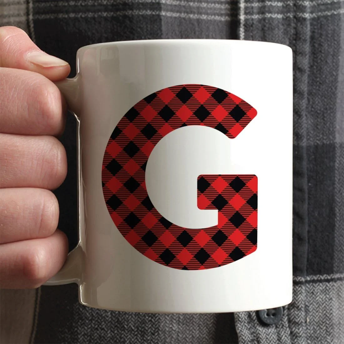 Hot Chocolate Coffee Mug Gift, Buffalo Lumberjack Red Plaid Initial Letter G, 1-Pack, Includes Gift Box, Christmas Holiday Present Ideas