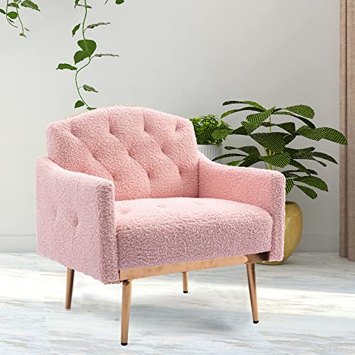 SSLine Upholstered Modern Velvet Accent Chair,Button Tufted Single Sofa Chair with Arms and Golden Finished Metal Legs,Mid-Century Armchairs for Living Room Bedroom Home Office Guest Areas(Rose Red)