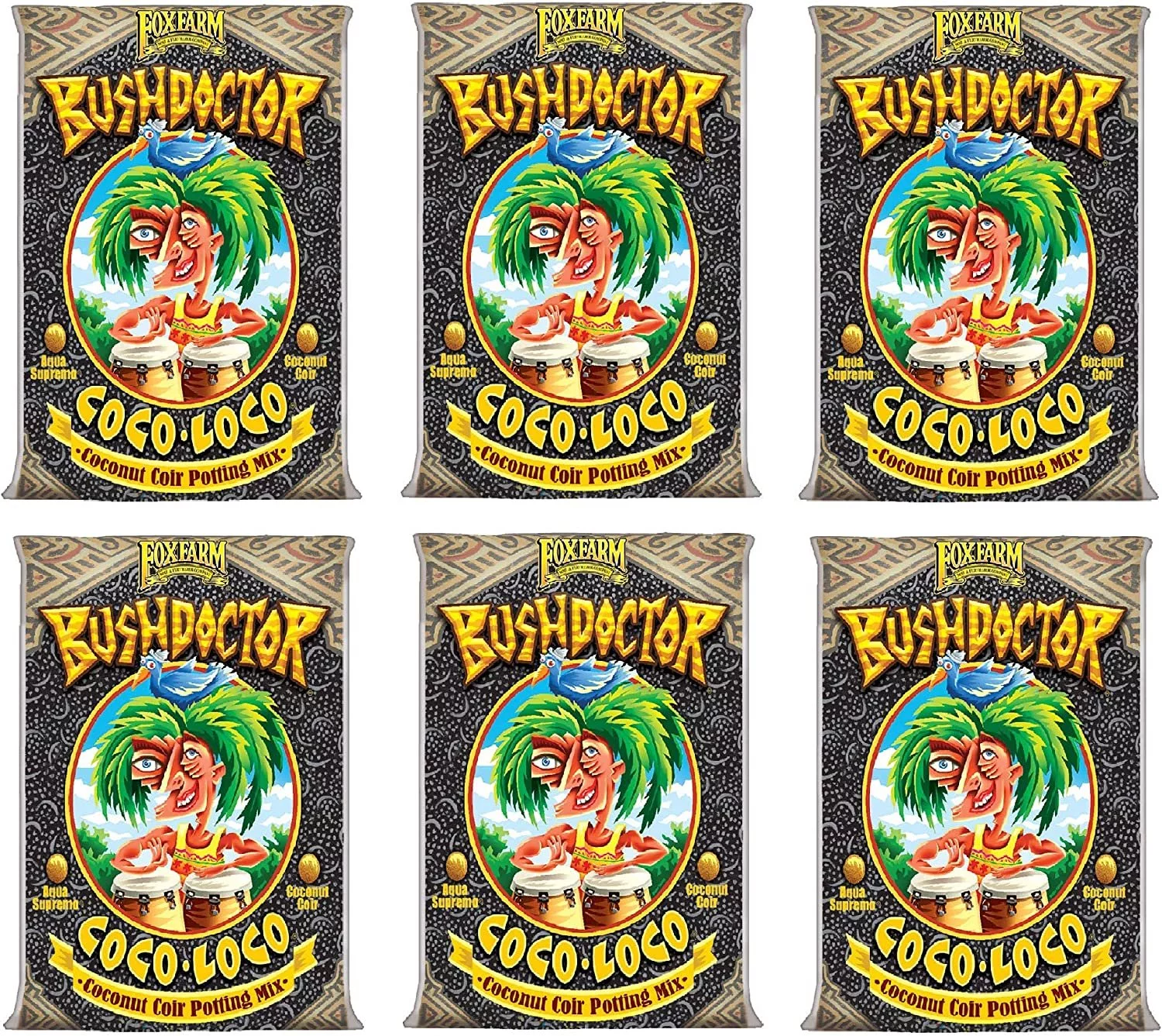FoxFarm FX14100 Bush Doctor Coco Loco Plant Garden Indoor/Outdoor Coconut Coir Potting Soil Mix for Plants, 2 Cubic Ft, 6 Pack
