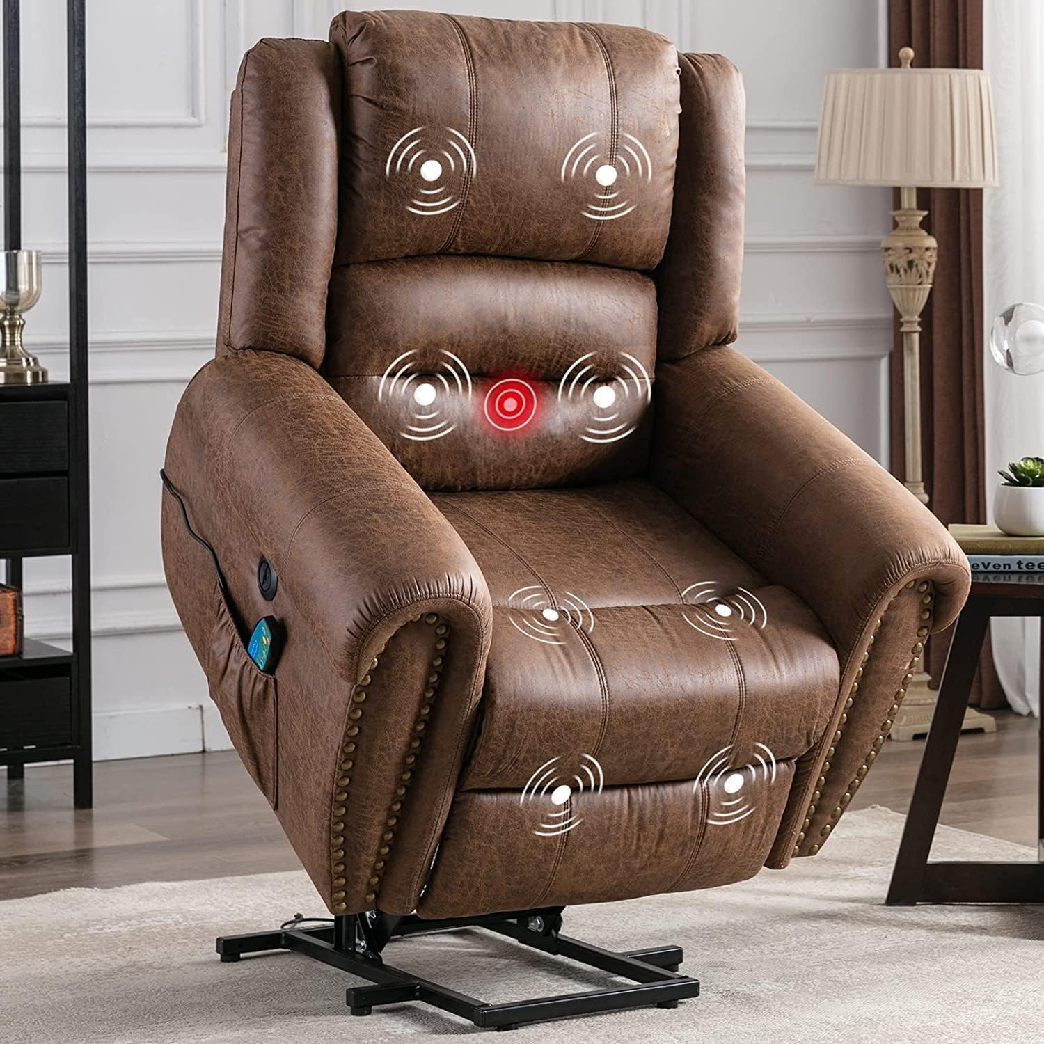 Phoenix Home Power Lift Chair for Elderly Leather Electric Reclining Oversized Sofa with Massage & Heating, USB Ports, Side Pocket, Large, Brown