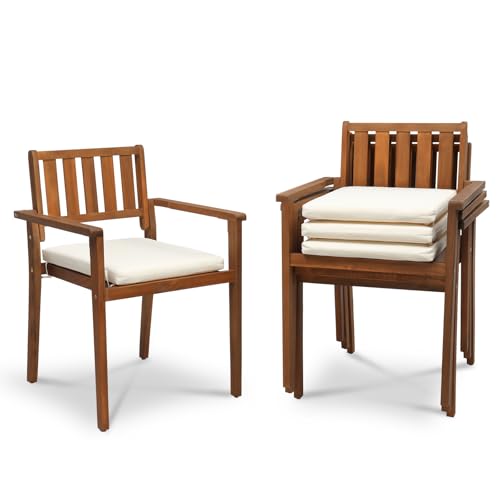 Outvita Stackable Patio Dining Chairs Set of 4, Durable Acacia Wood Outdoor Chairs with Removeable Cushions and Comfortable Armrests for Porch, Backyard, Garden, Indoor
