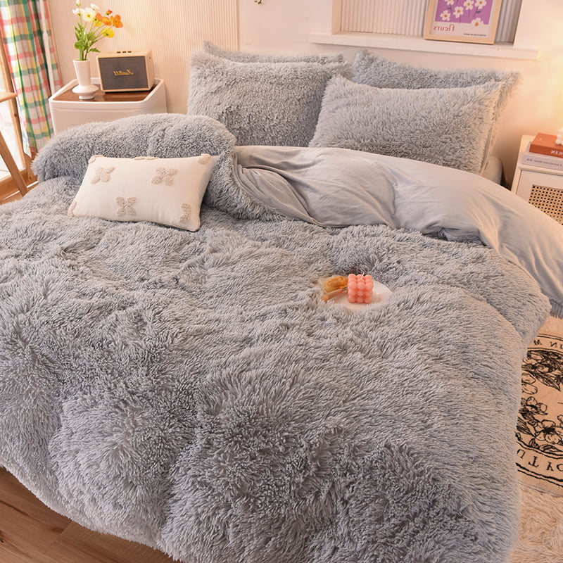 Wajade Plush Shaggy Duvet Cover Set 3 - Piece Faux Fur Duvet Cover Luxury Ultra Soft Bedding Sets Shaggy Duvet Cover with 2 Pillow Cases (Light Gary, Full Size)