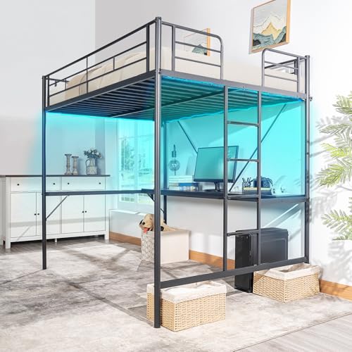 VINGLI Twin Loft Bed with 15 Inches Safety Guardrail/L-Shaped Desk/Flat Rungs, LED Single High Sleeper with 2 Charging Stations/Storage Shelves/Dresser, Heavy Duty Metal Support Slat, White