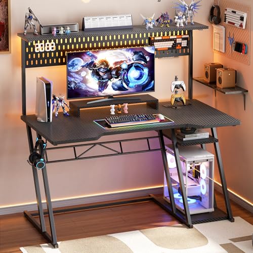 Armocity Gaming Computer Desk with Shelves and Outlets, Gaming Desk with Hutch and LED Lights, Reversible PC Gaming Desks with Pegboard, Carbon Fiber Black 47''