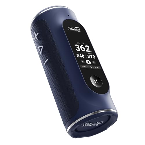 Blue Tees Golf Player+ GPS Speaker with Touch Screen Display, 10+ Hours Battery, 40,000+ Courses, Visual + Audible Distance, Hazard Distance - IPX7 Waterproof (Navy)