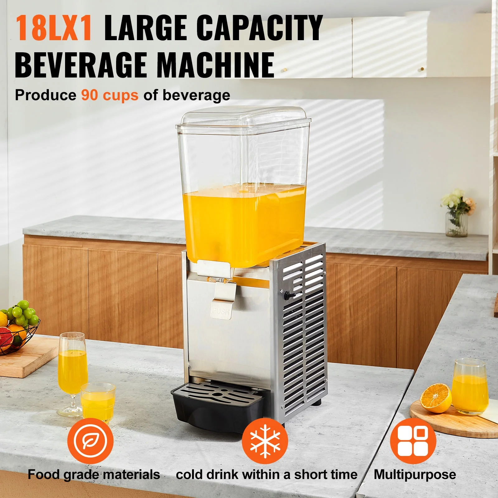 BENTISM Commercial Beverage Dispenser Cold Juice Ice Drink Dispenser 18L*1 Tank Ice Tea Drink Machine18 Liter 325W  Stainless Steel Food Grade Material Commercial Juice dispenser 110V Equipped