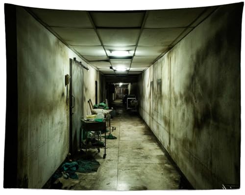 Loccor Abandoned Hospital Tapestry Dark Psychiatric Hospital Corridor Halloween Haunted Asylum Tapestry Horror Halloween Escape Room Theme Party Decorations Horror Home Decor 118''x78''