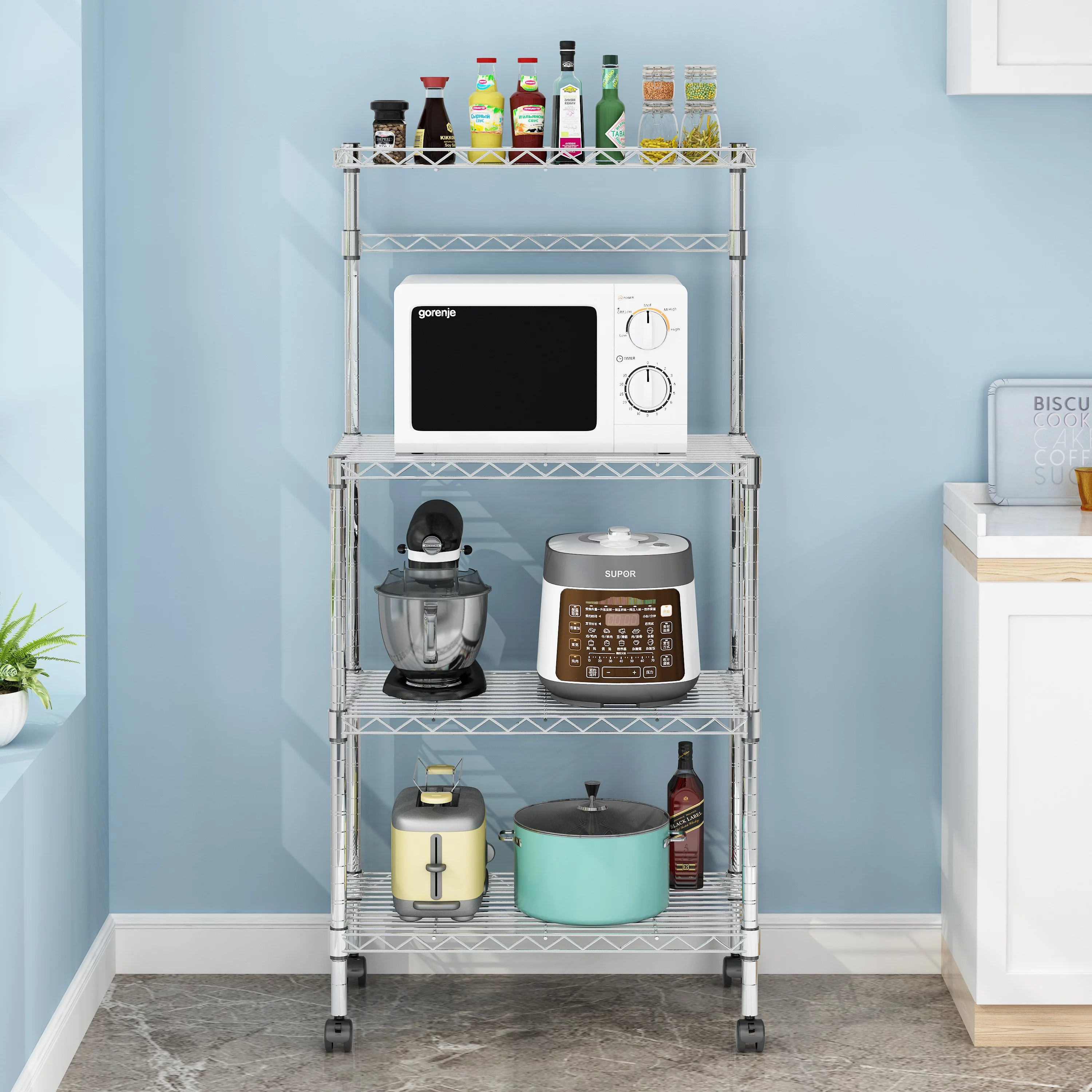 Ktaxon 4-Tier Kitchen Baker's Rack Rolling Microwave Oven Stand Utility Kitchen Cart Island with Storage Shelves, Silver Finish