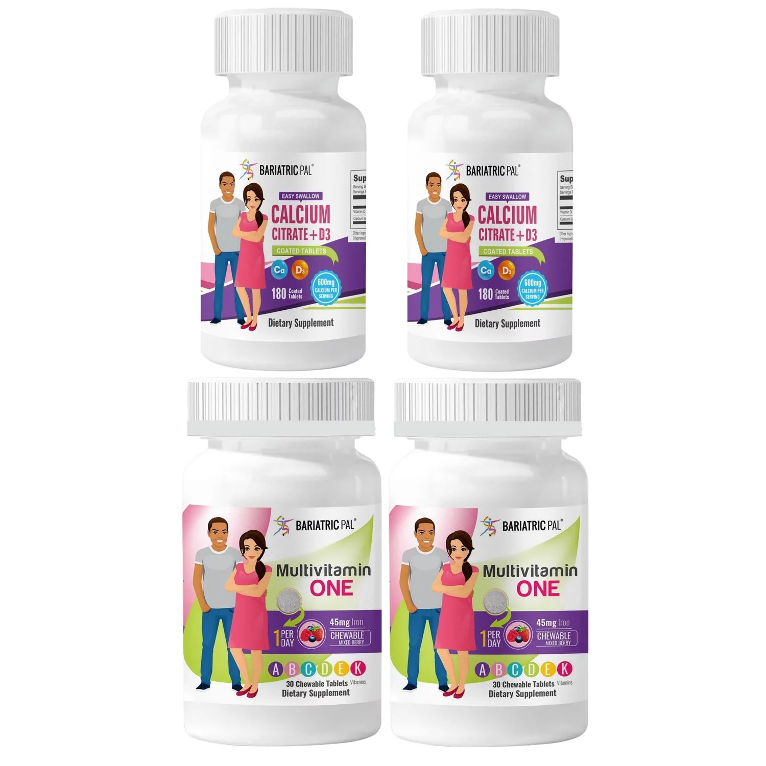 Duodenal Switch Vitamin Pack - Tablets BariatricPal Multivitamin ONE & BariatricPal Easy Swallow Calcium Citrate and D3 Coated Tablets: Mixed Berry Chewable with 45mg Iron, Size: 60-Day Supply
