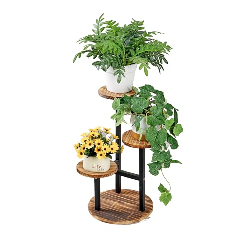 VECELO 3 Tier Plant Stand Indoor Outdoor, Tall Metal Wood Flower Shelf for Multiple Plants, Small Tiered Round Corner Display Rack, Planter Pot Holder for Patio Garden Balcony Living Room Bedroom