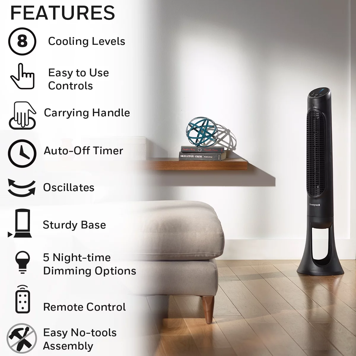 Honeywell Quiet Set Oscillating Electric Tower Stand Fan, Black, New, W 15.75