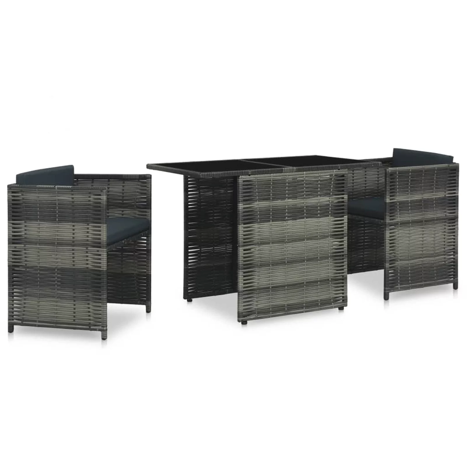 Anself 3 Piece Bistro Set Glass Tabletop Table and 2 Chairs with Cushion Gray Poly Rattan Outdoor Dining Set Space Saving for Bar, Pub, Garden, Backyard, Patio, Outdoor Furniture