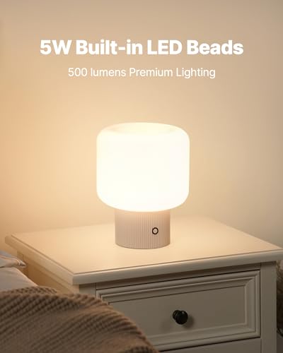 Halo Mushroom Lamp, 5W Cute Cordless Rechargeable Table Lamp with Glass Shade, 3 Color Temps LED Dimmable Ambient Lighting, Small Retro Touch Bedside Light for Bedroom Decor, Mustard Yellow