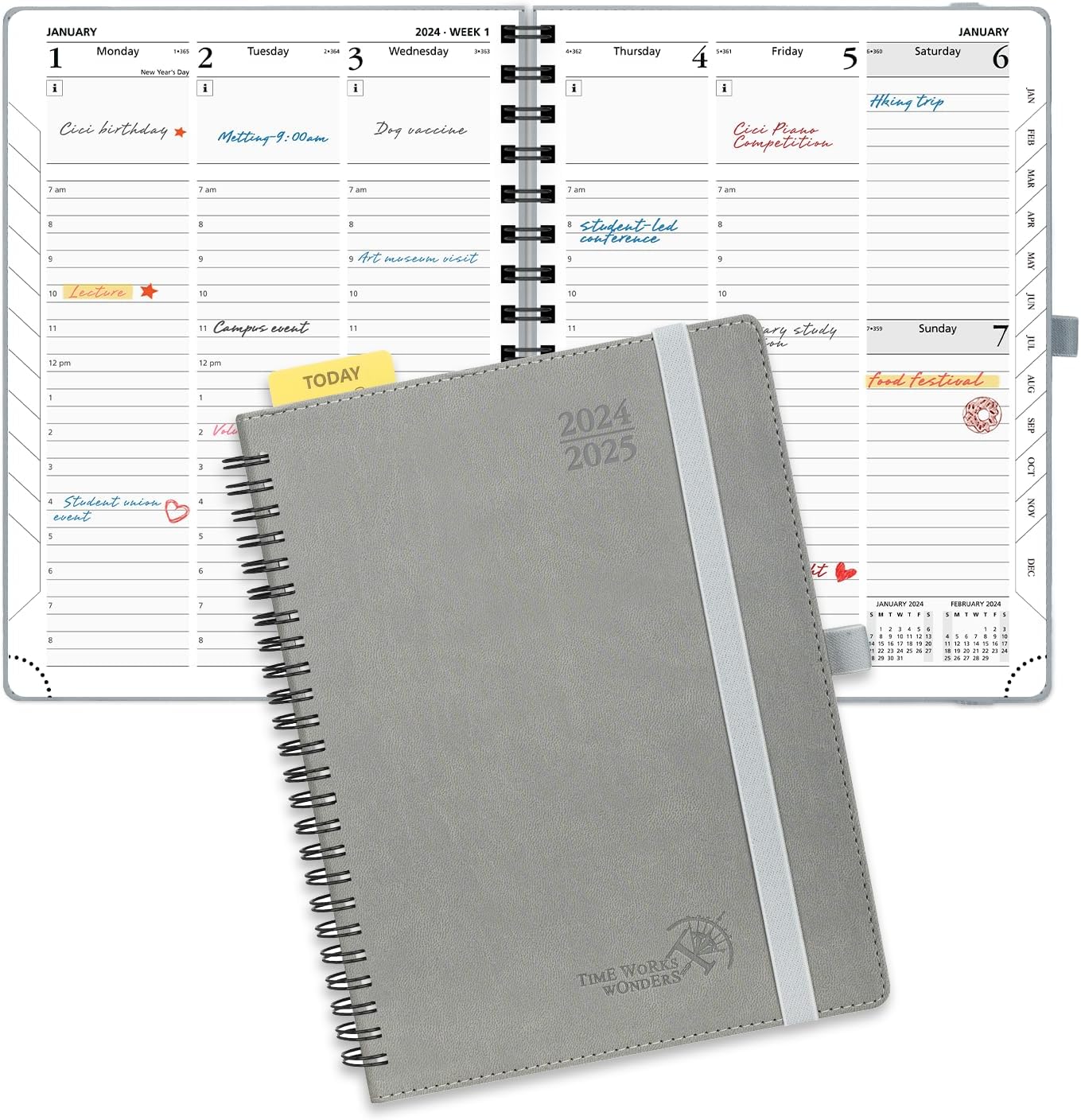 POPRUN Planner 2024-2025 (6.5'' x 8.5'') Academic Year Calendar (July 2024 - June 2025) with Hourly Time Slots, Weekly & Daily Appointment Book for time Management, Leather Cover - Grey