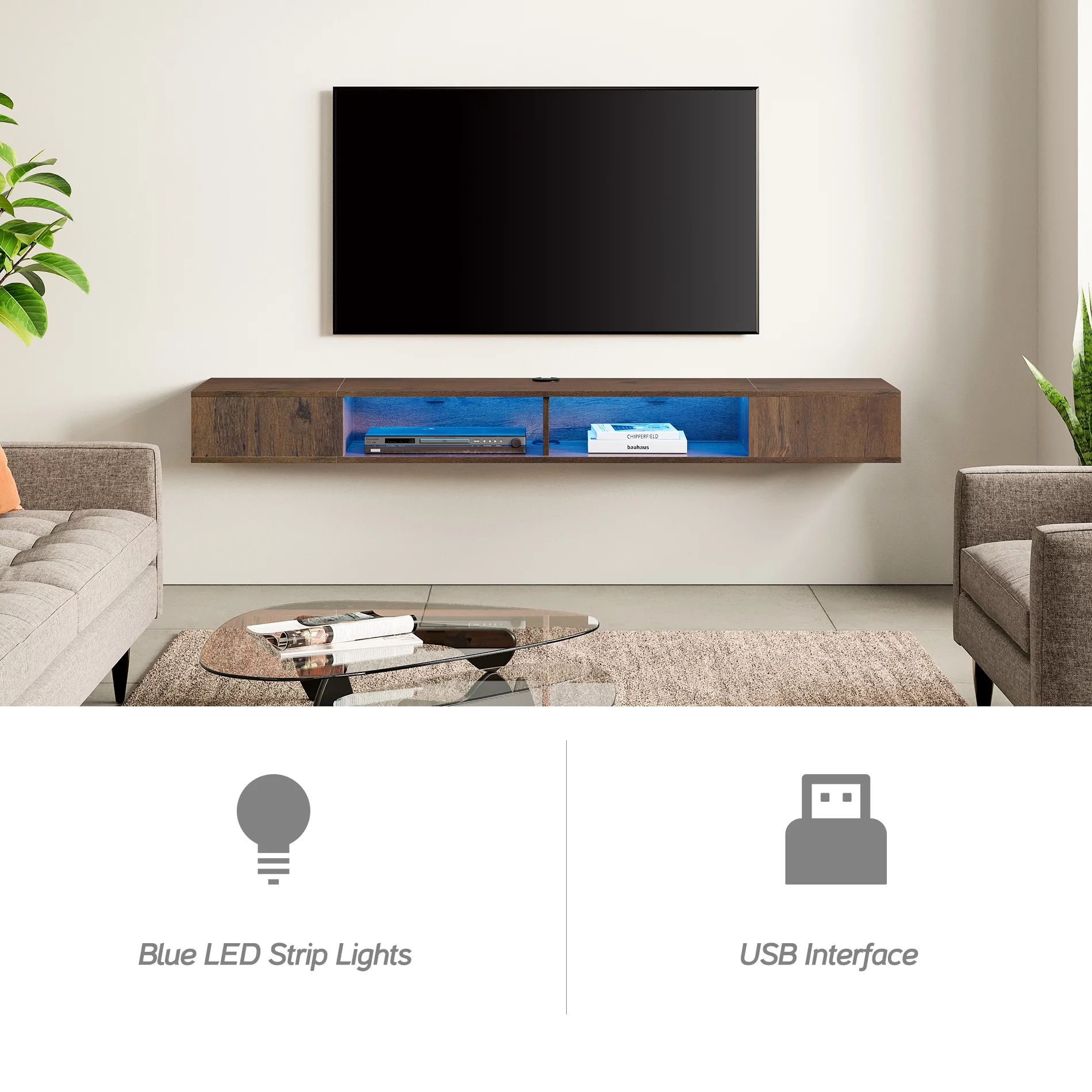 Floating TV Stand Wall Mounted with Yellow Lights for 65/75/80 Inch TV, Floating Entertainment Center Storage Shelf Living Room, Brown