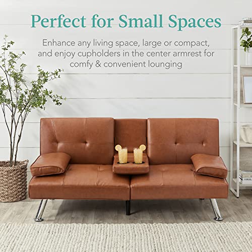 Best Choice Products Faux Leather Upholstered Modern Convertible Futon, Adjustable Folding Sofa Bed, Guest Bed w/Removable Armrests - Blue