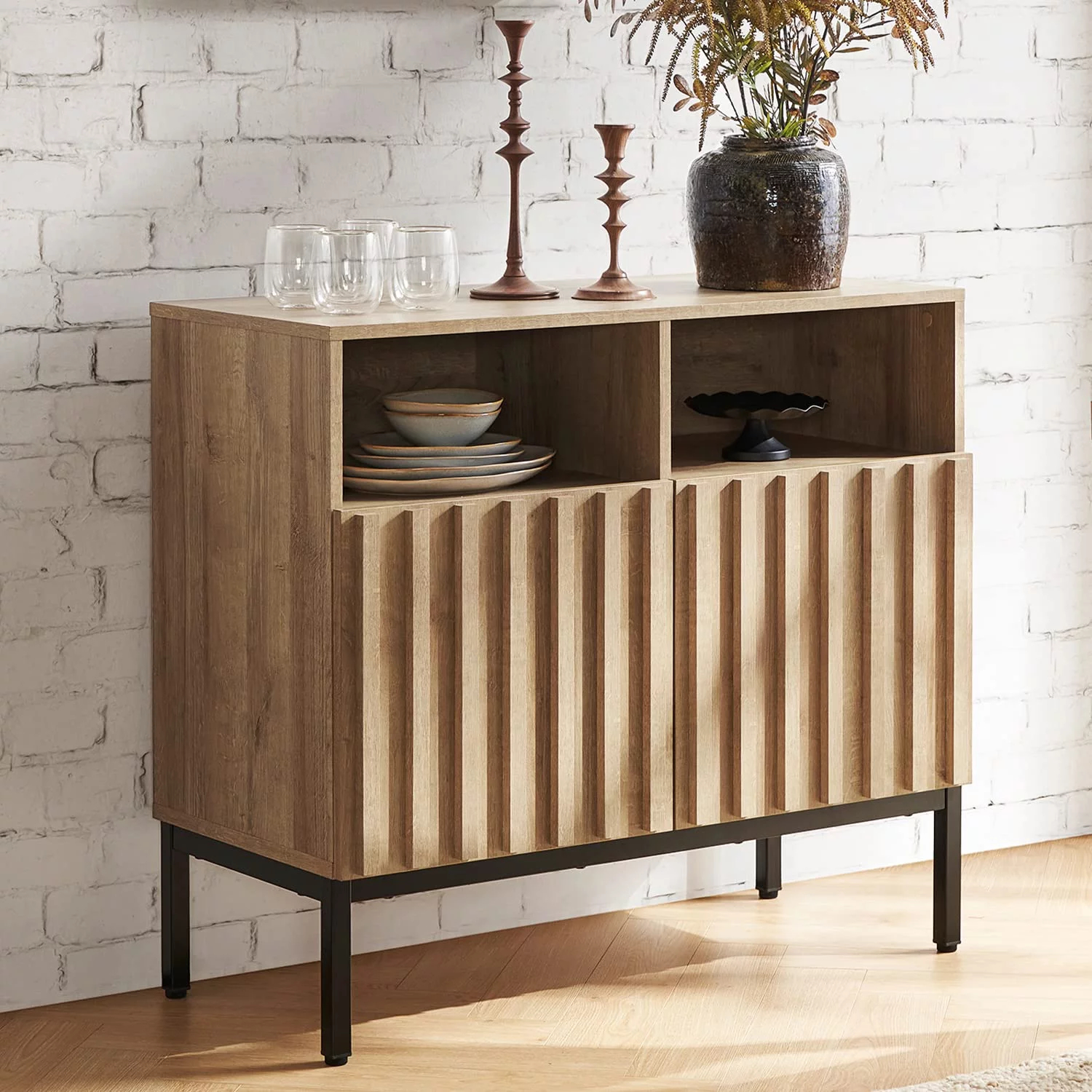 Mopio Norwin 2-Door Storage Accent Cabinet, Industrial Farmhouse Sideboard, Metal Legs (Riviera Oak)